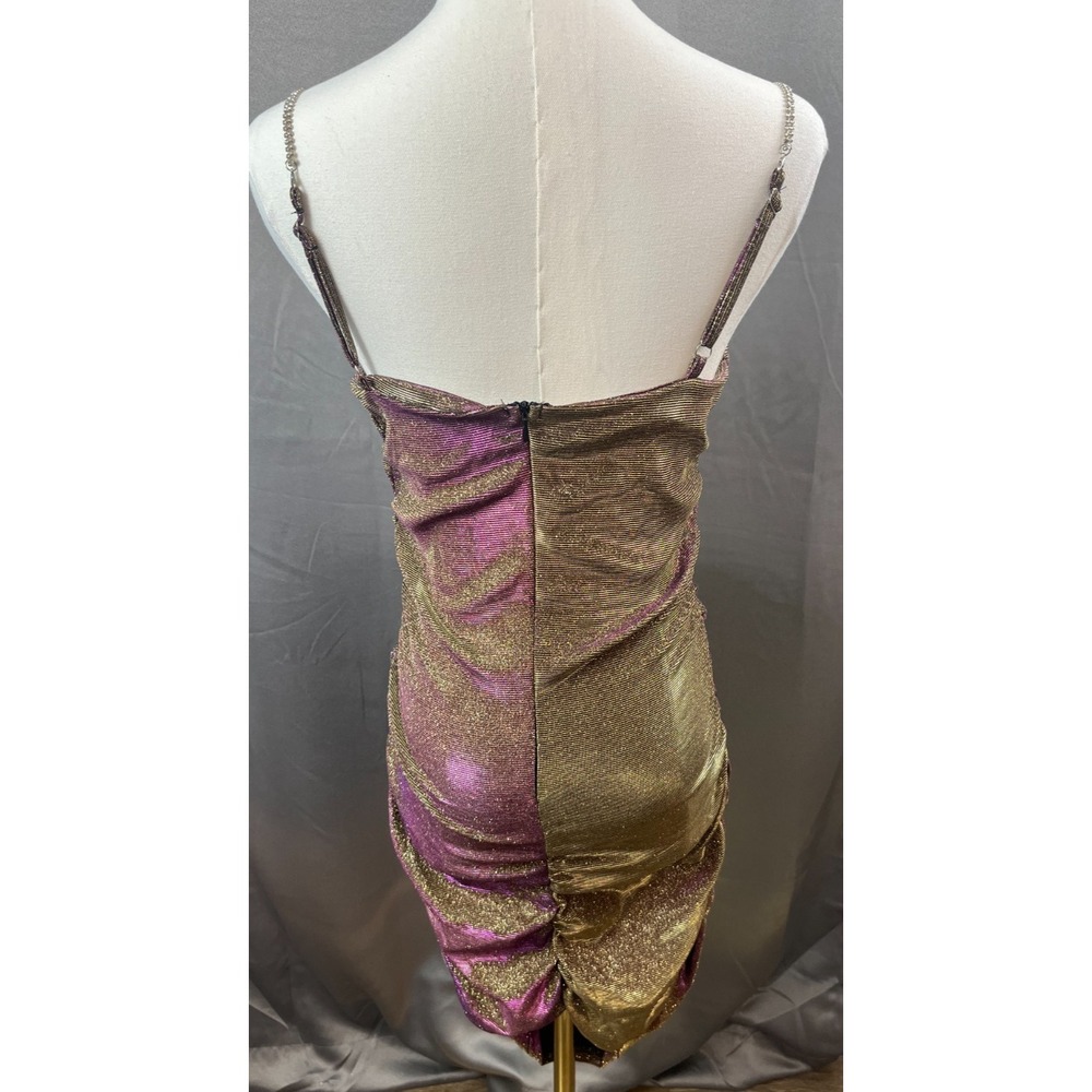 Pink Green Shimmer Bodycon Ruched Mini Dress Rhinestones Straps Size Small - Picture 3 of 7